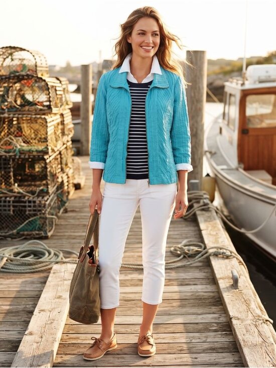 Chico's Jackets & Blazers - Chico's Women Size 2 Top Jacket Turquoise Cotton Pleated Full Zip Archive Luxury